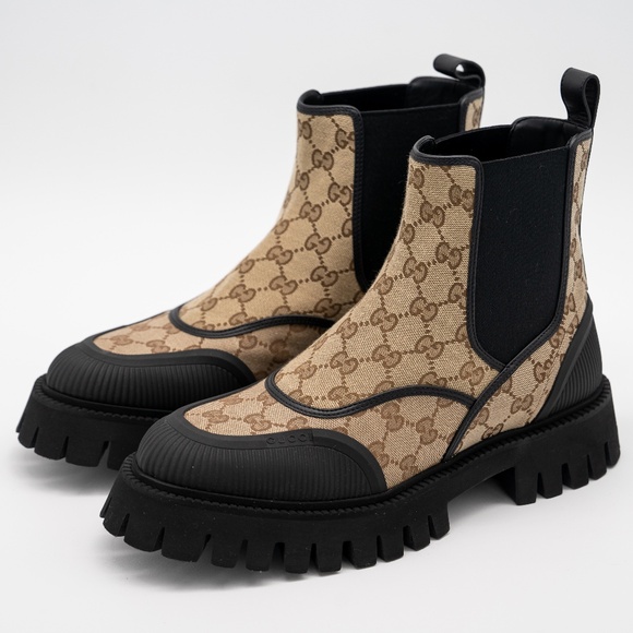 size 9G 9.5 US Gucci Boots Chelsea Beige Brown Black Canvas Ankle GG Monogram - Picture 1 of 11